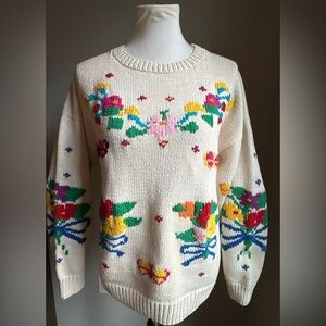 Andina‎ Vintage 100% Cotton Floral/Butterfly Knit Sweater in Cream/Ivory Size L